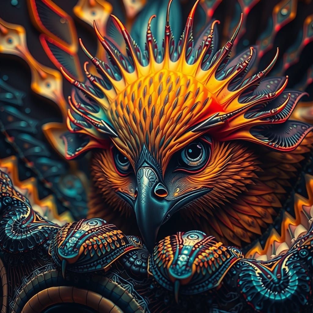 Fractal Horned Hawk in Neon Painted Eye Style