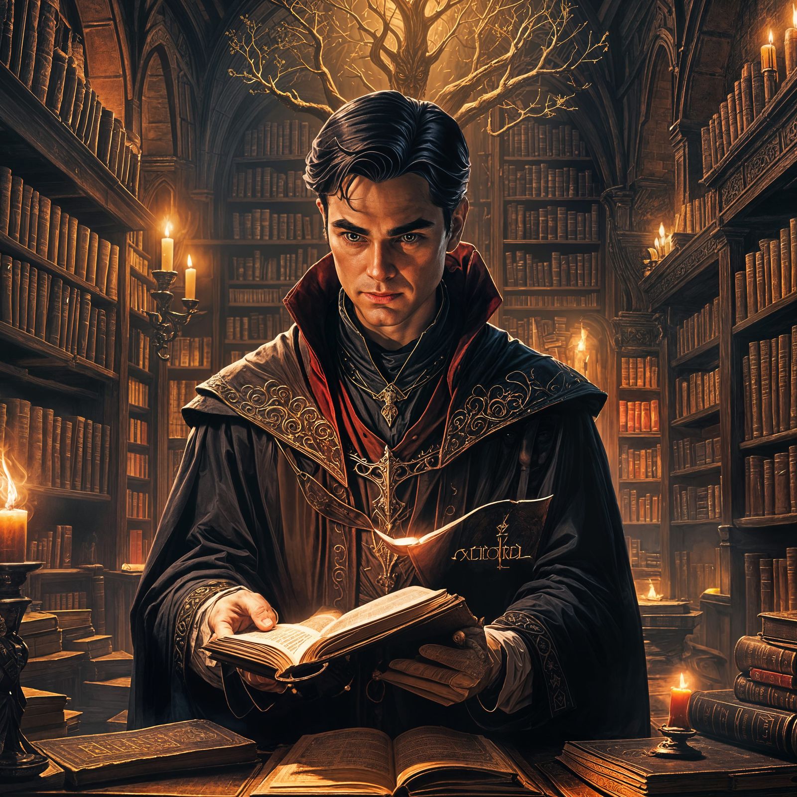 Dark Fantasy Warlock Reading Ancient Tomes in a Medieval Lib...