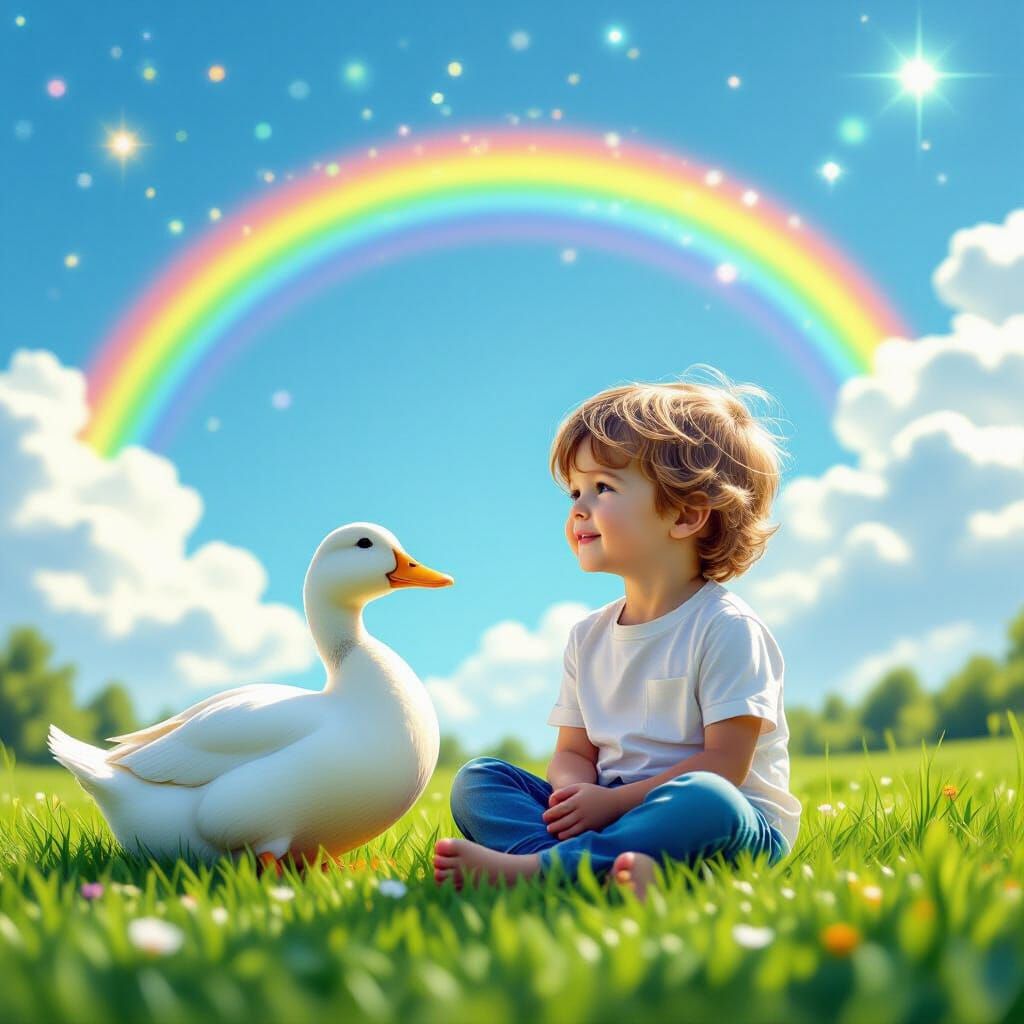 Boy and Duck with Rainbow in Astral Style
