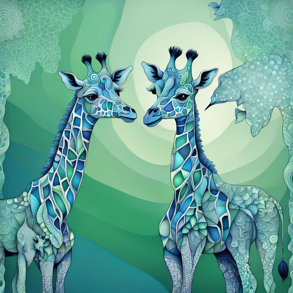 Zentangle Blue Giraffe Mother and Baby