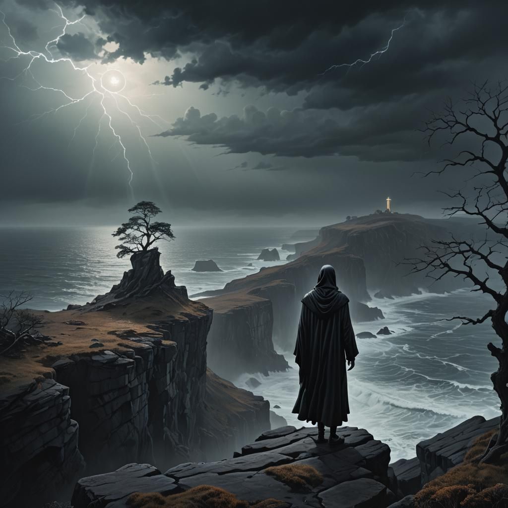 Ethereal Figure Overlooking Stormy Sea in Dark Fantasy Style