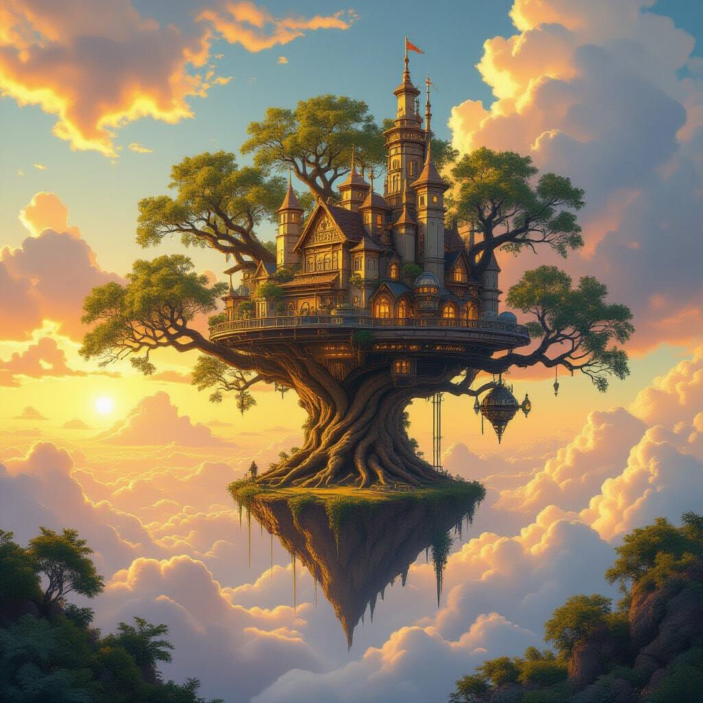 Majestic Ancient Tree Supports Floating City in Golden Hour