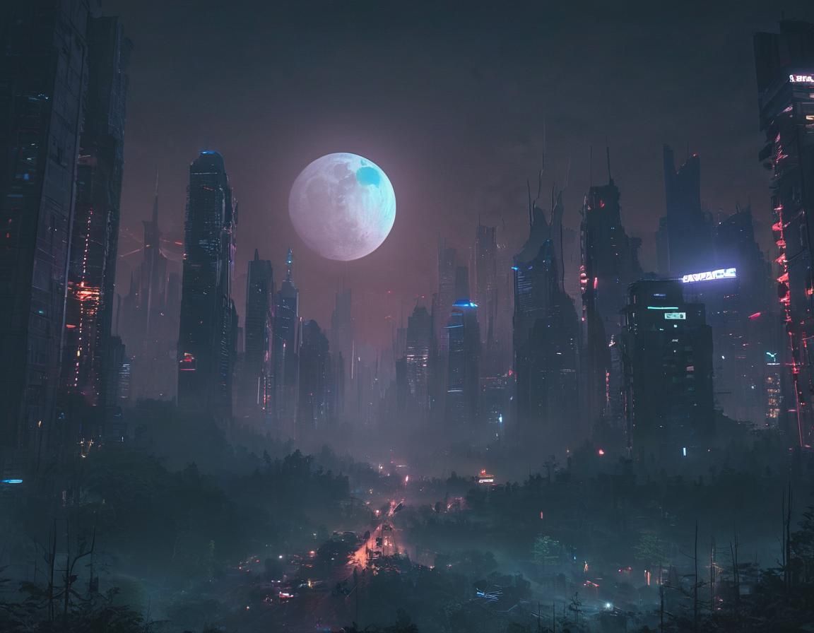 Neon City in Forest Under Giant Moon