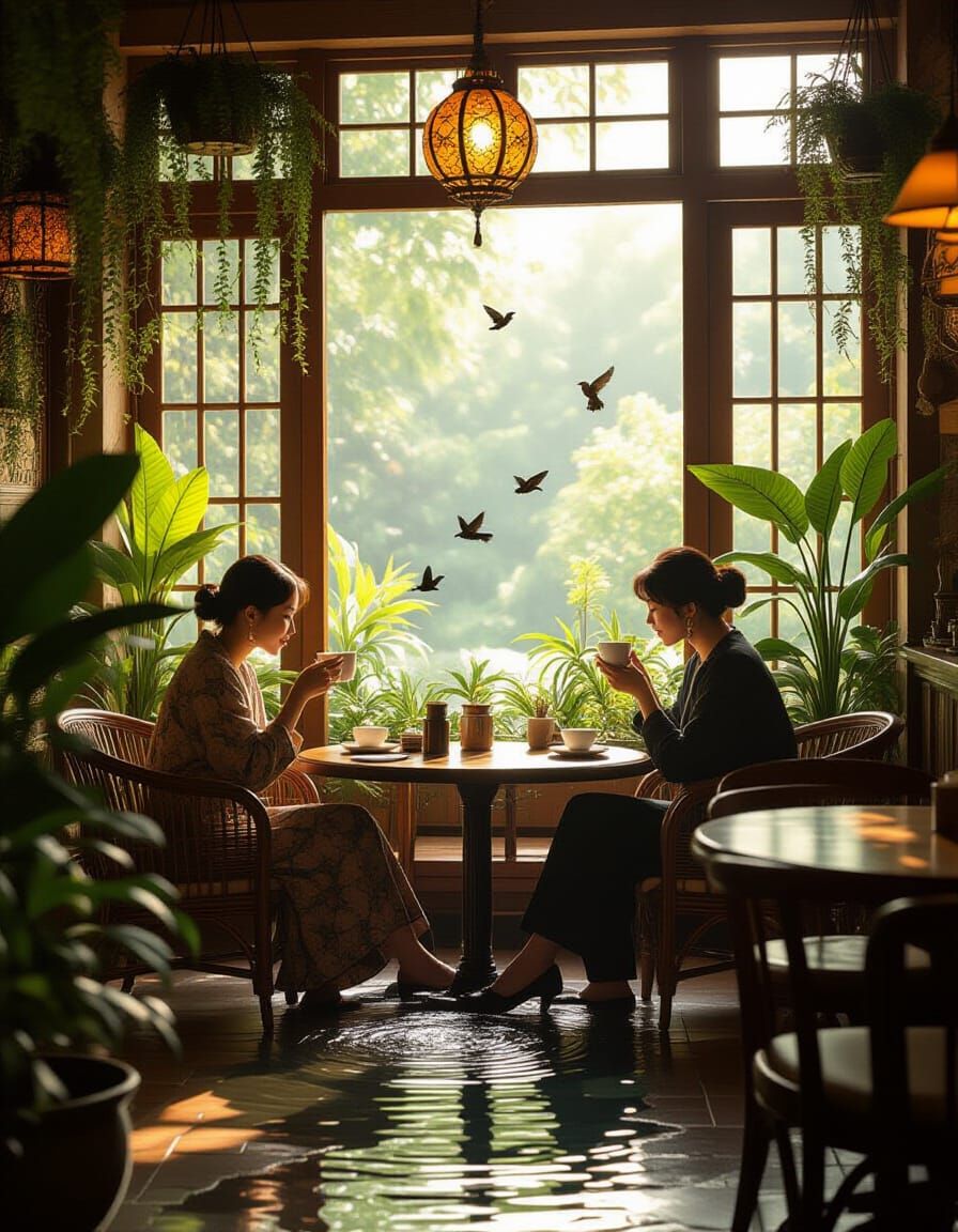 Hmong Woman in Sunlit Cafe with Plants and Stream