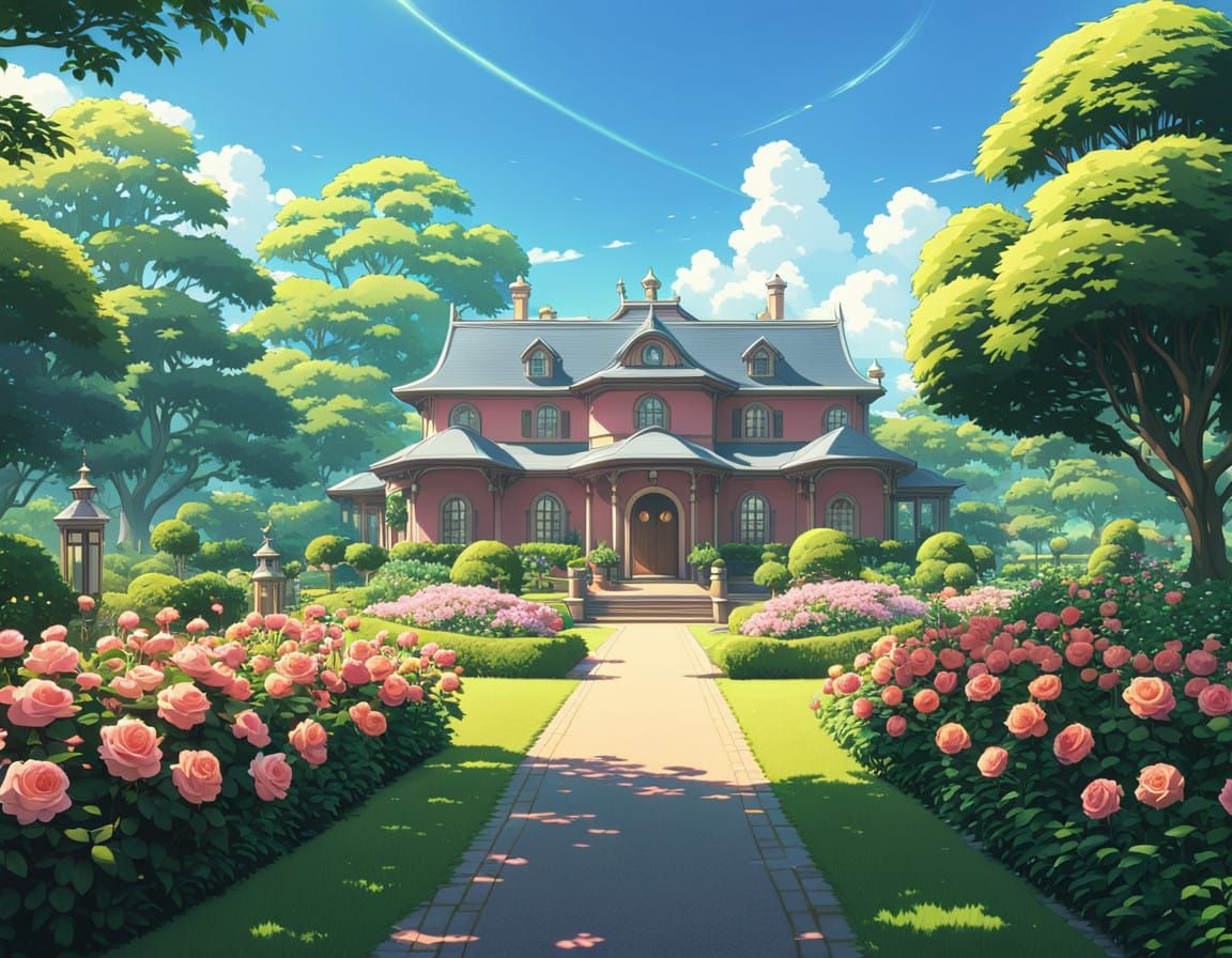 Breathtaking Rose Garden Leading to an Elegant Mansion in a ...
