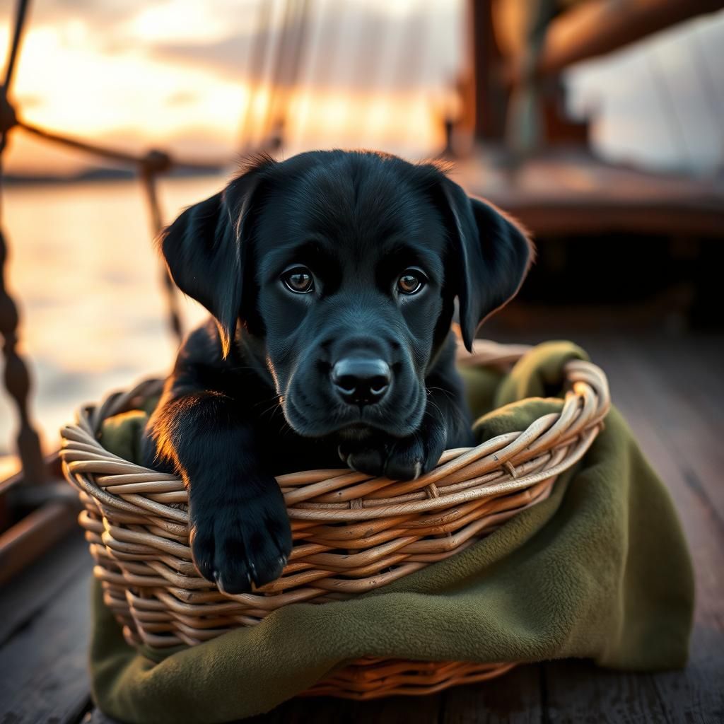 Chiot Labrador noir, dans un panier en osier, sur un coussin...