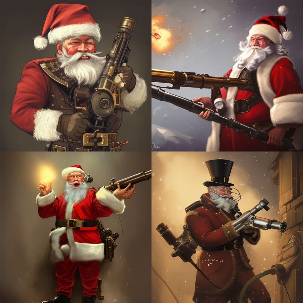 Steampunk Santa Claus Fires Bazooka: Hyperdetailed Portrait