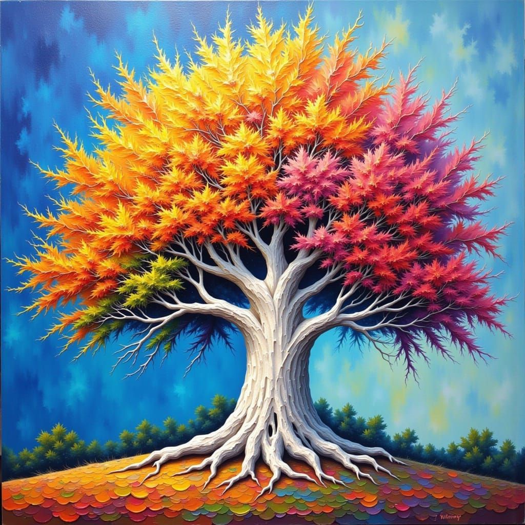 Majestic Impasto Tree with Mosaic Canopy