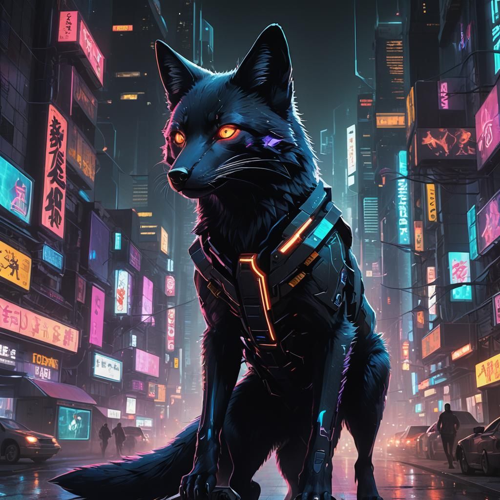 Cyberpunk Fox with Neon Eyes in Cityscape