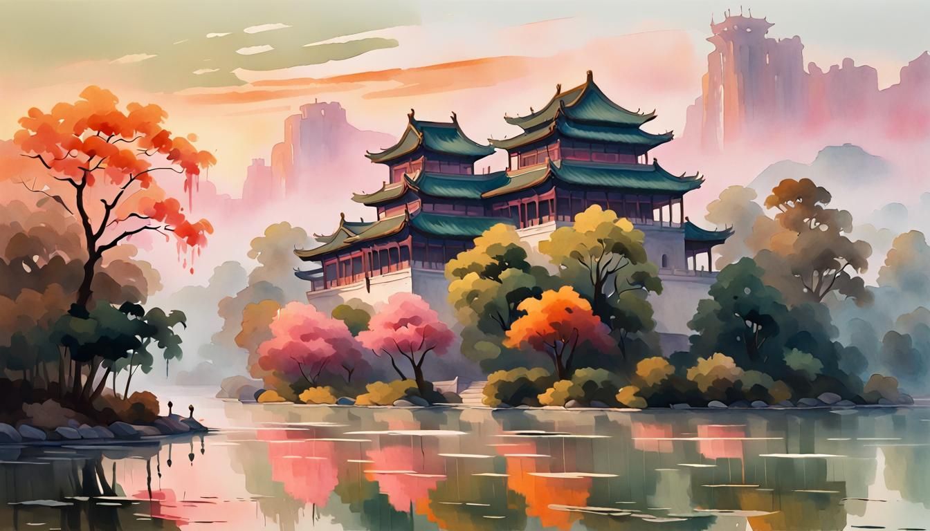 Chinese Palace at Sunset in Watercolor Style