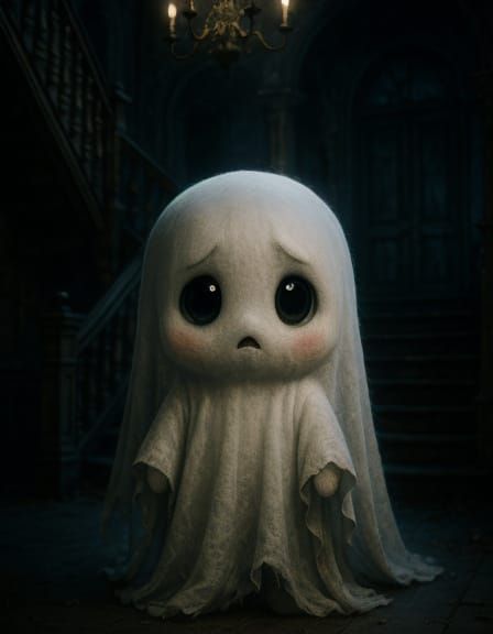 Photorealistic Chibi Ghost Portrait in Haunted Mansion