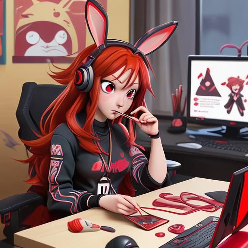 Red-Eyed Gamer Girl in Anime Style