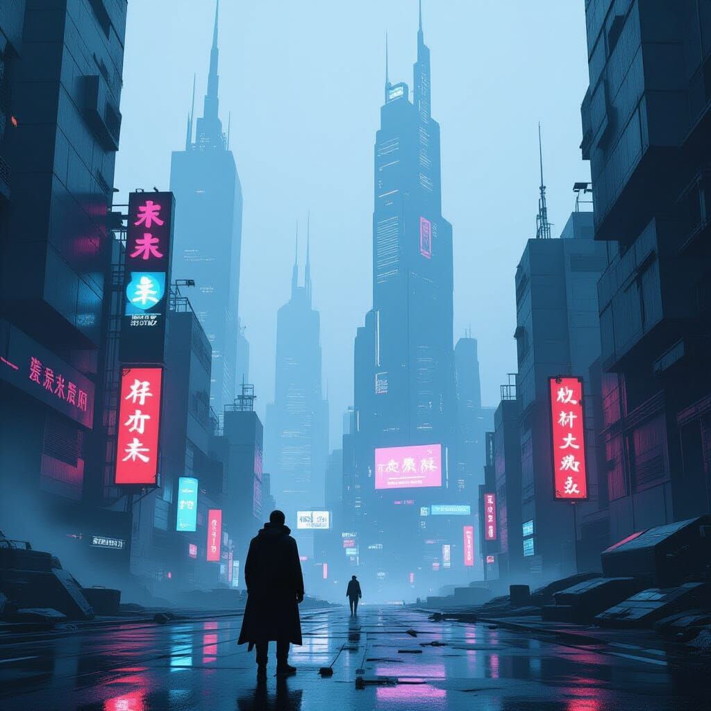 Futuristic Cityscape With Solitary Figure in Neon Glow