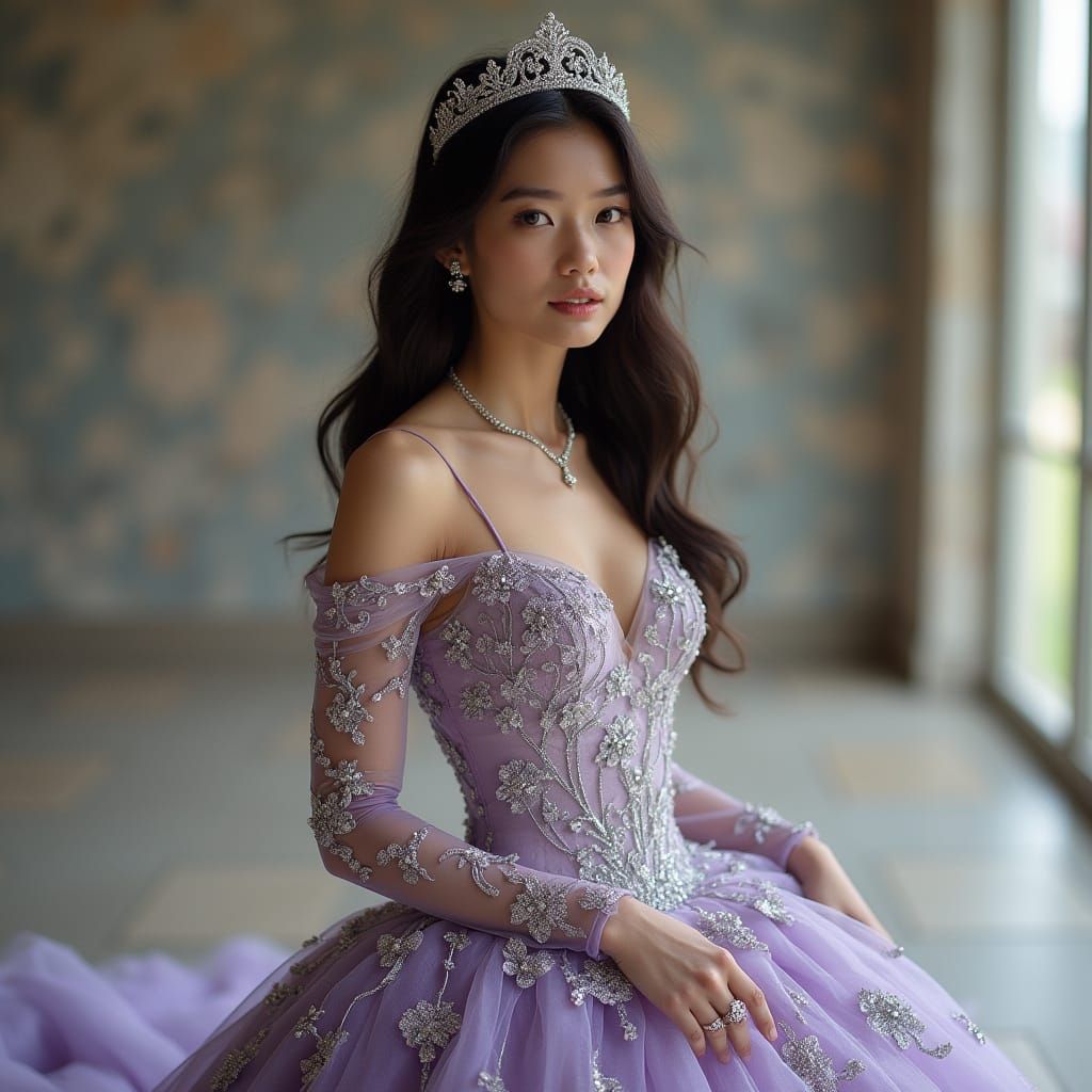 Elegant Young Woman in Lavender Ball Gown with Silver Embell...