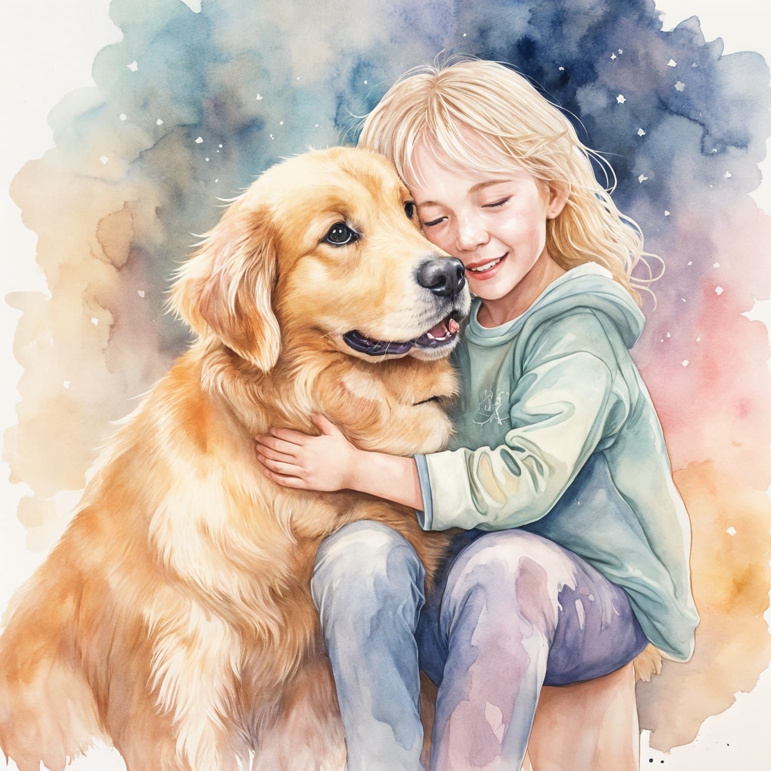 Watercolor Kid Hugging Golden Retriever: Emotional Support