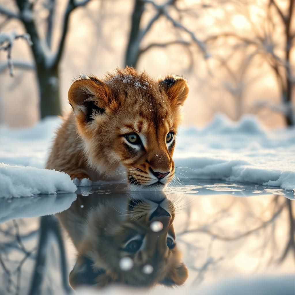 Lion Cub Mesmerized by Reflection in Snowy Landscape