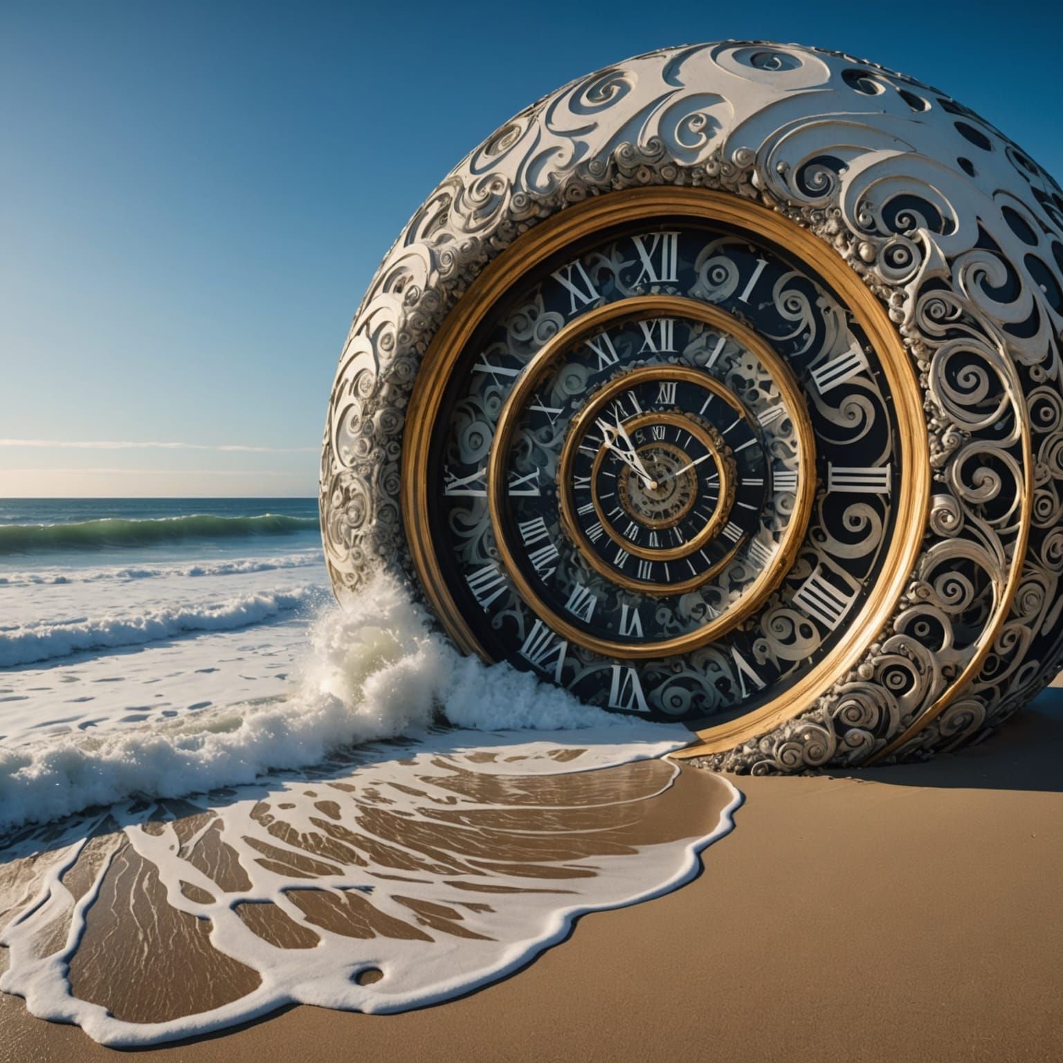 Surreal Hourglass on Beach with Fractal Waves