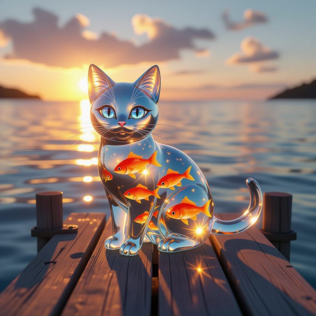 Glass Cat on Dock in Sunset Anime Style