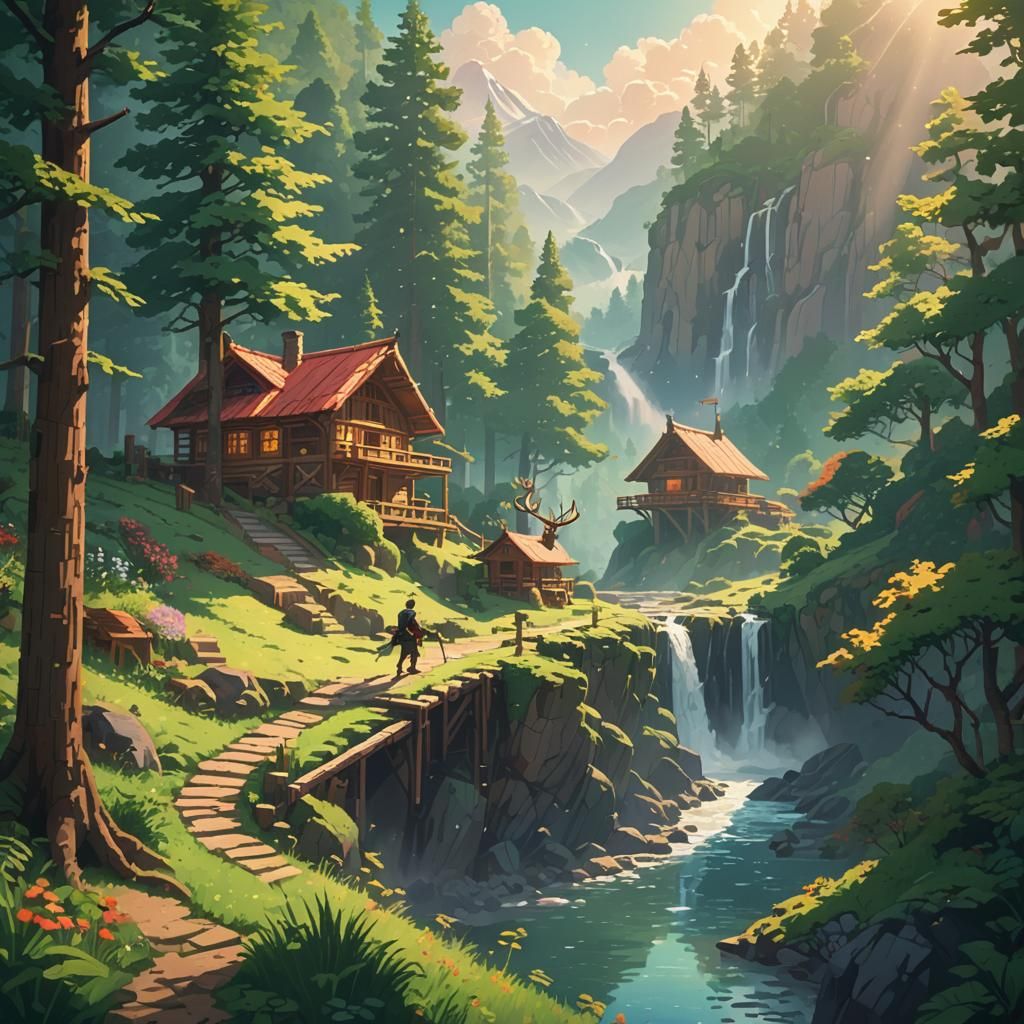 Vibrant Pixel Art Mountain Scene with Coffee