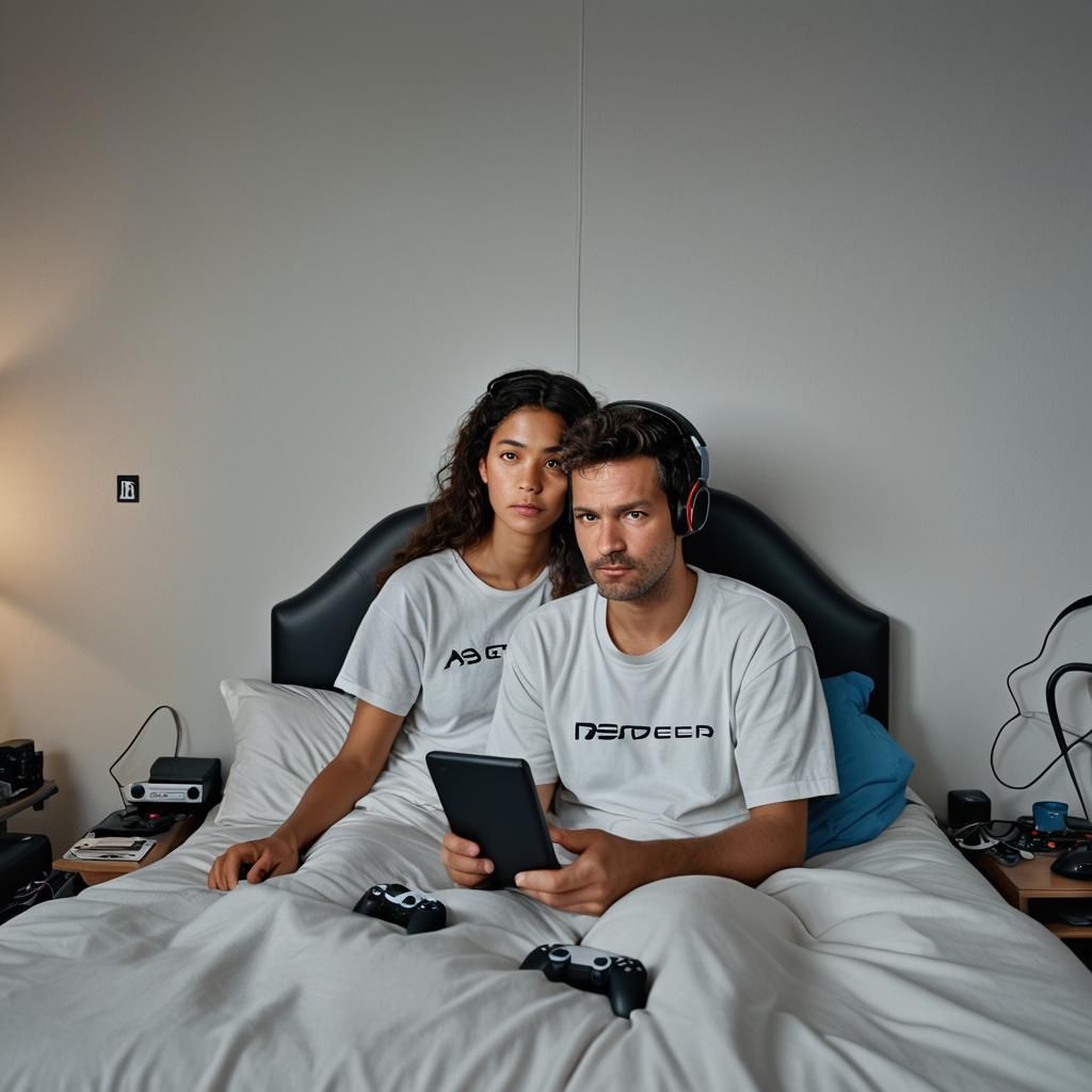 Modern Gamer Room with Sleeping Couple: Studio Portrait