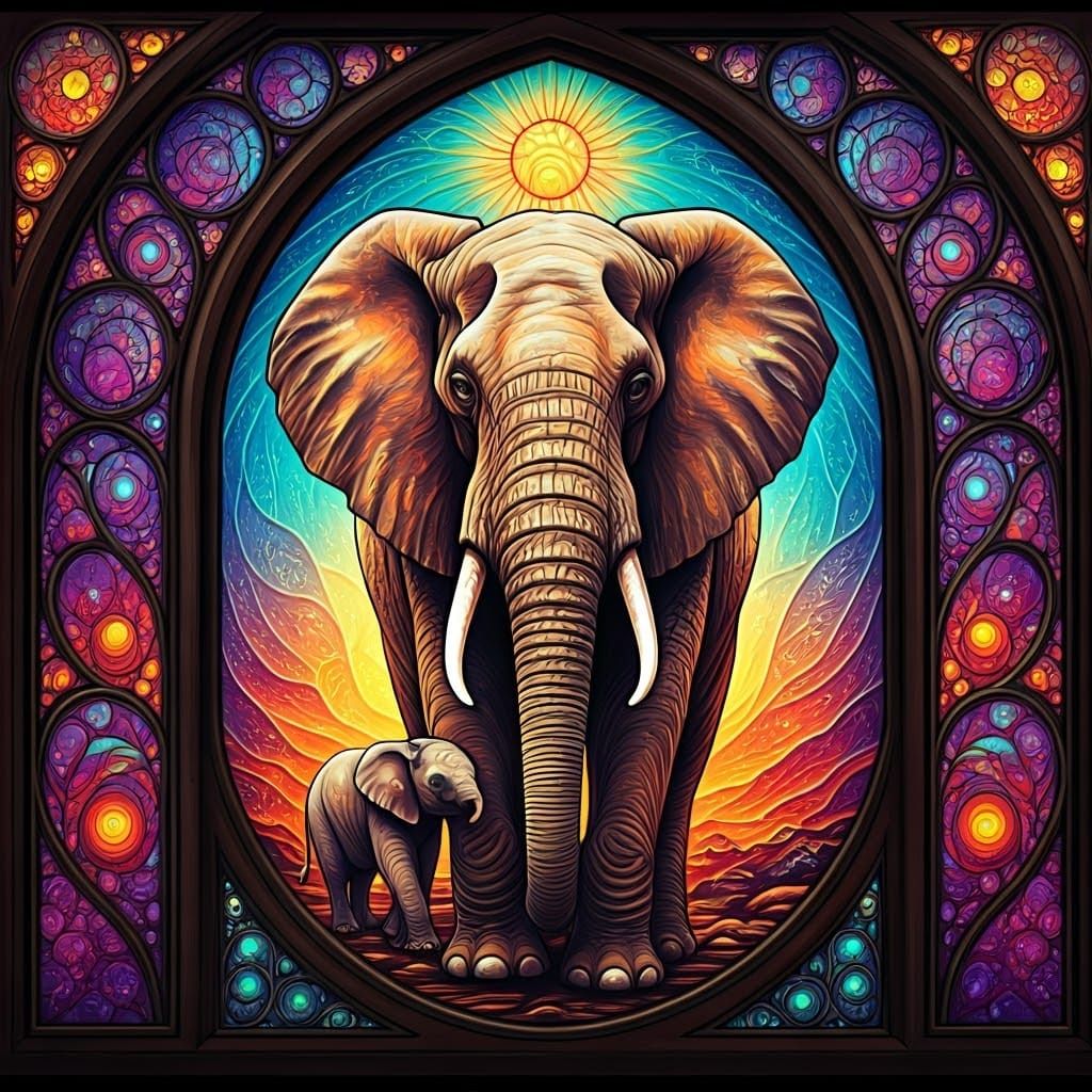 Majestic Elephant Family in Vibrant Stained Glass