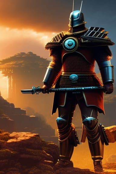 Samurai Iron Man of Clockwork Mechs in Dystopian Anime Style