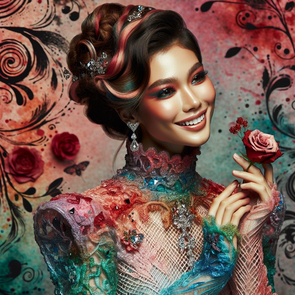 Elegant Hispanic Woman in Vibrant Quartz Dress with Red Hair...