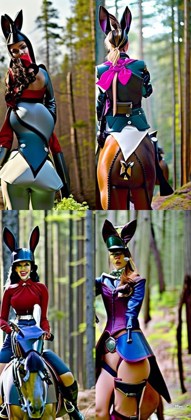 Playboy Bunny Woman on Horseback in Forest