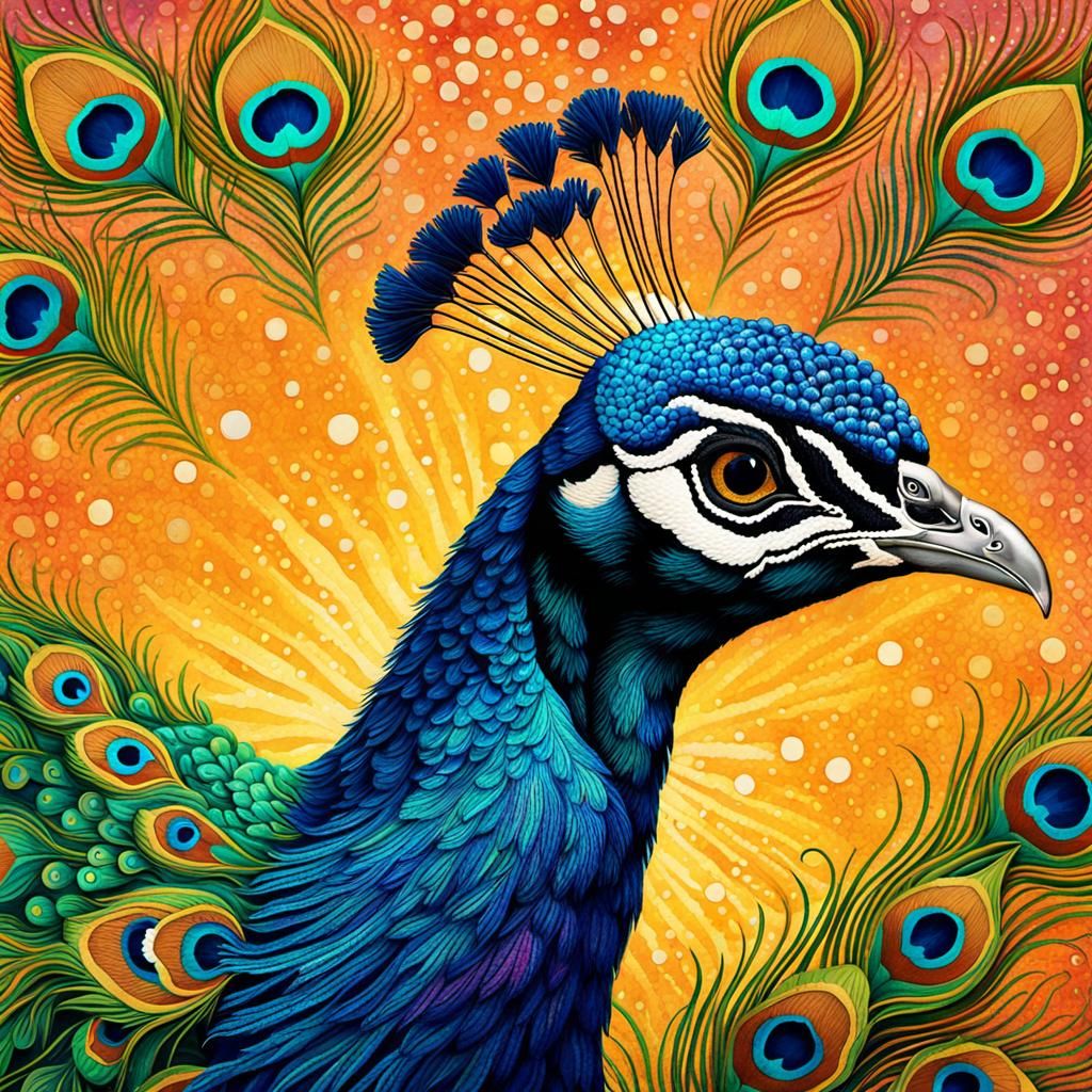 Vibrant Peacock Portrait in Pointillism Style
