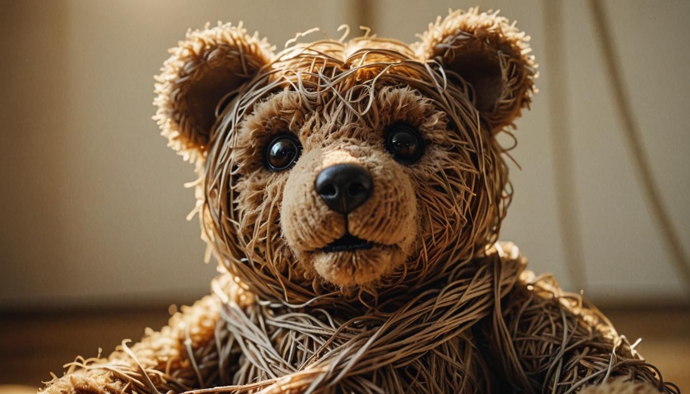 Teddy Bear in String Ball: Hyperrealistic Macro Photo