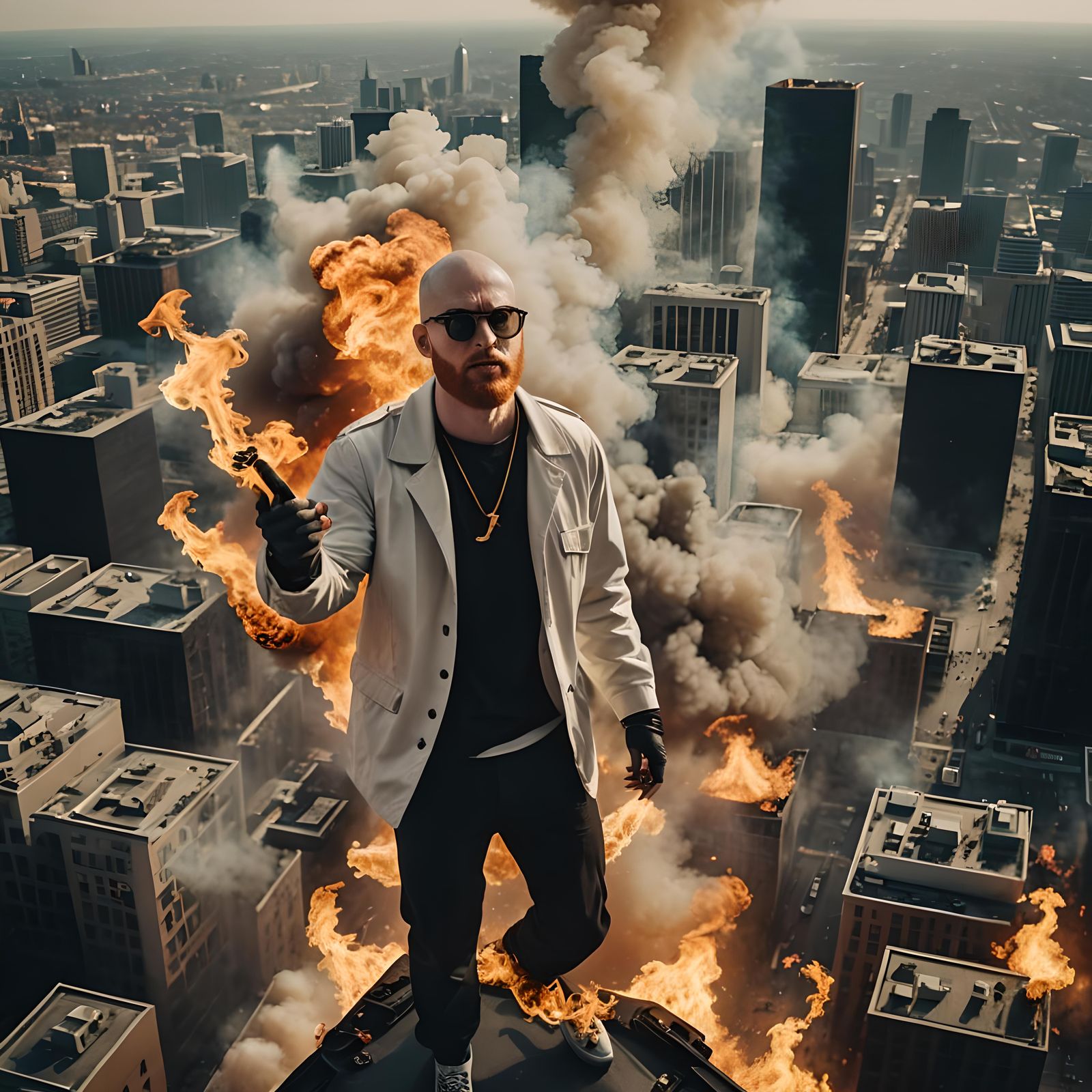 Evil Rapper Supervillain Over Burning City