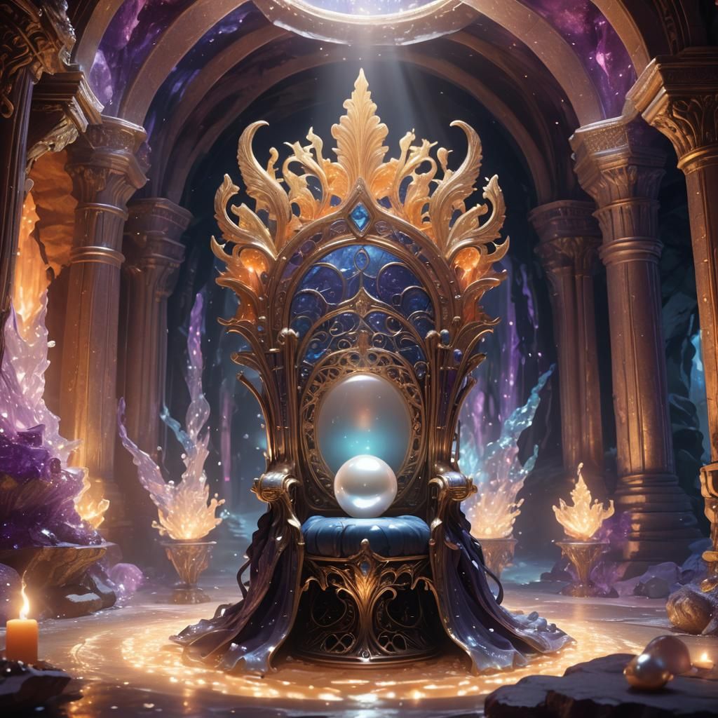 Luminous Pearl on Filigree Throne in Iridescent Cavern