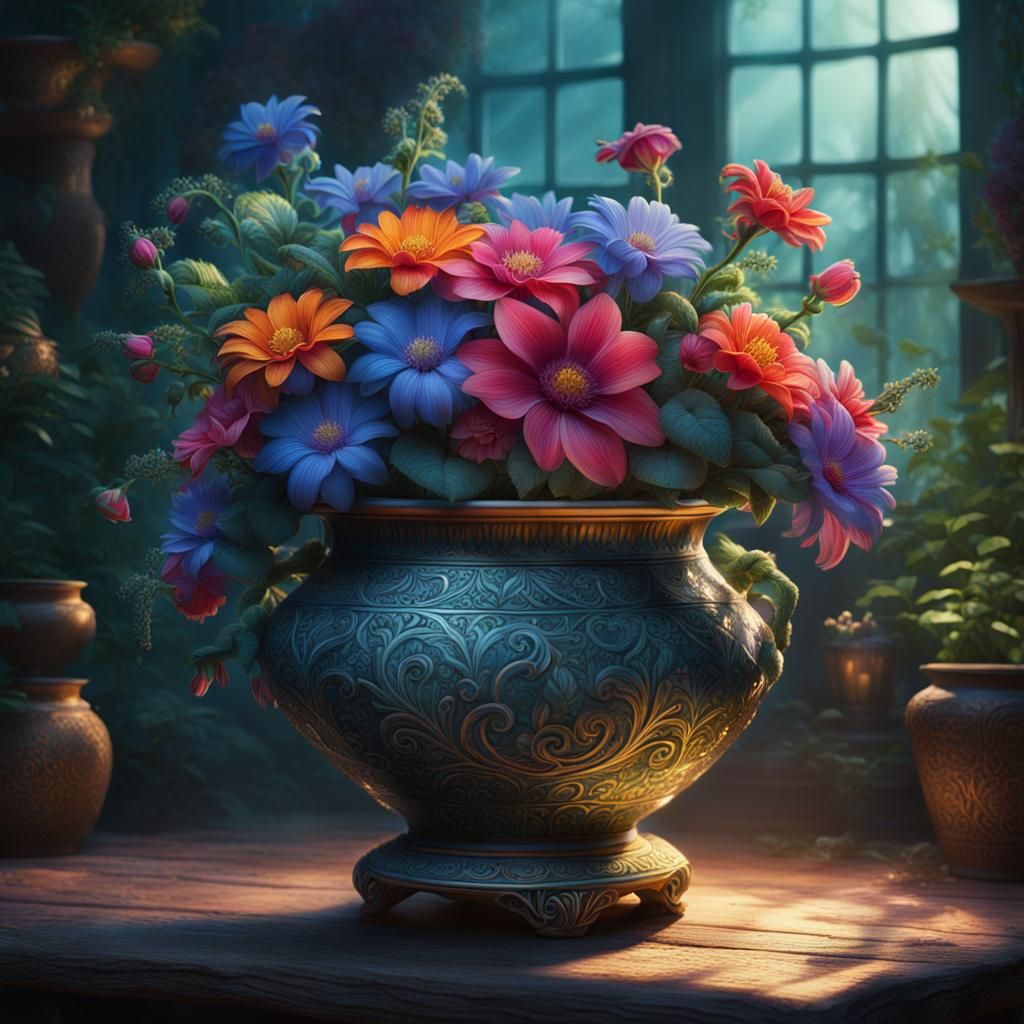 Ornate Pot Overflowing with Exotic Flowers
