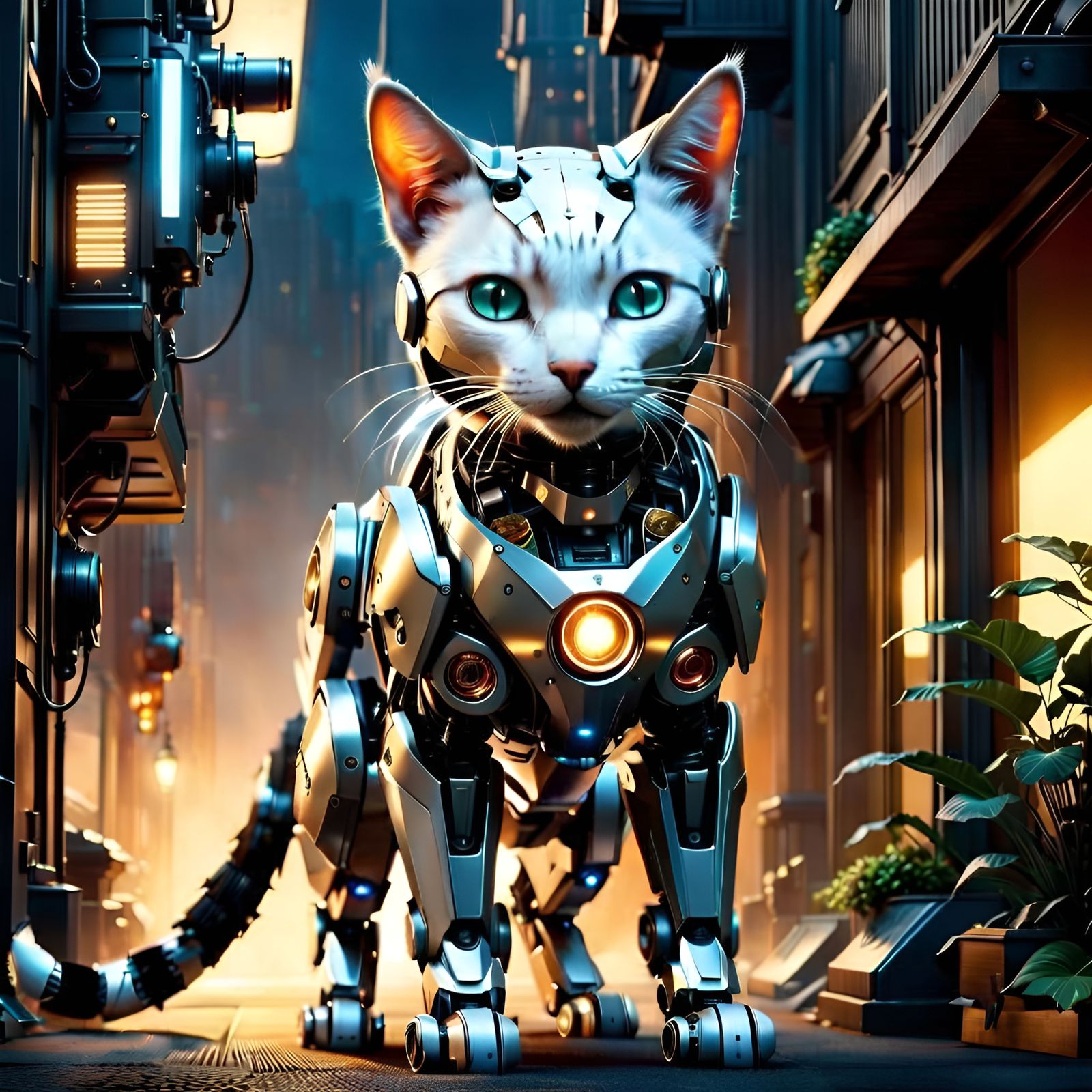 Robotic Cat Portrait in Dramatic Lighting