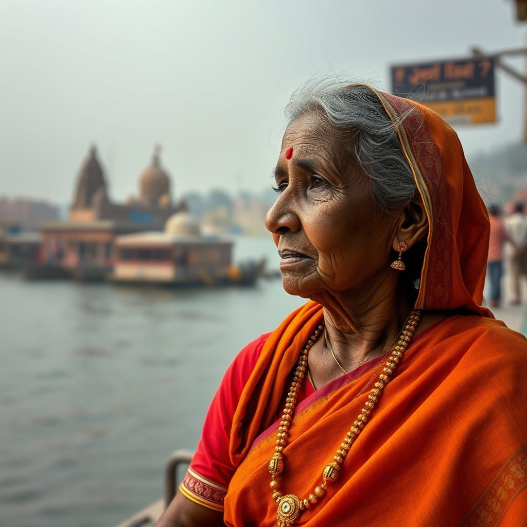 Serene Elderly Indian Woman Contemplating the Varanasi Ghats