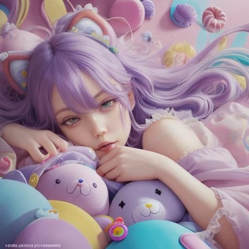 Woman Surrounded by Plushies in Candy Art Style