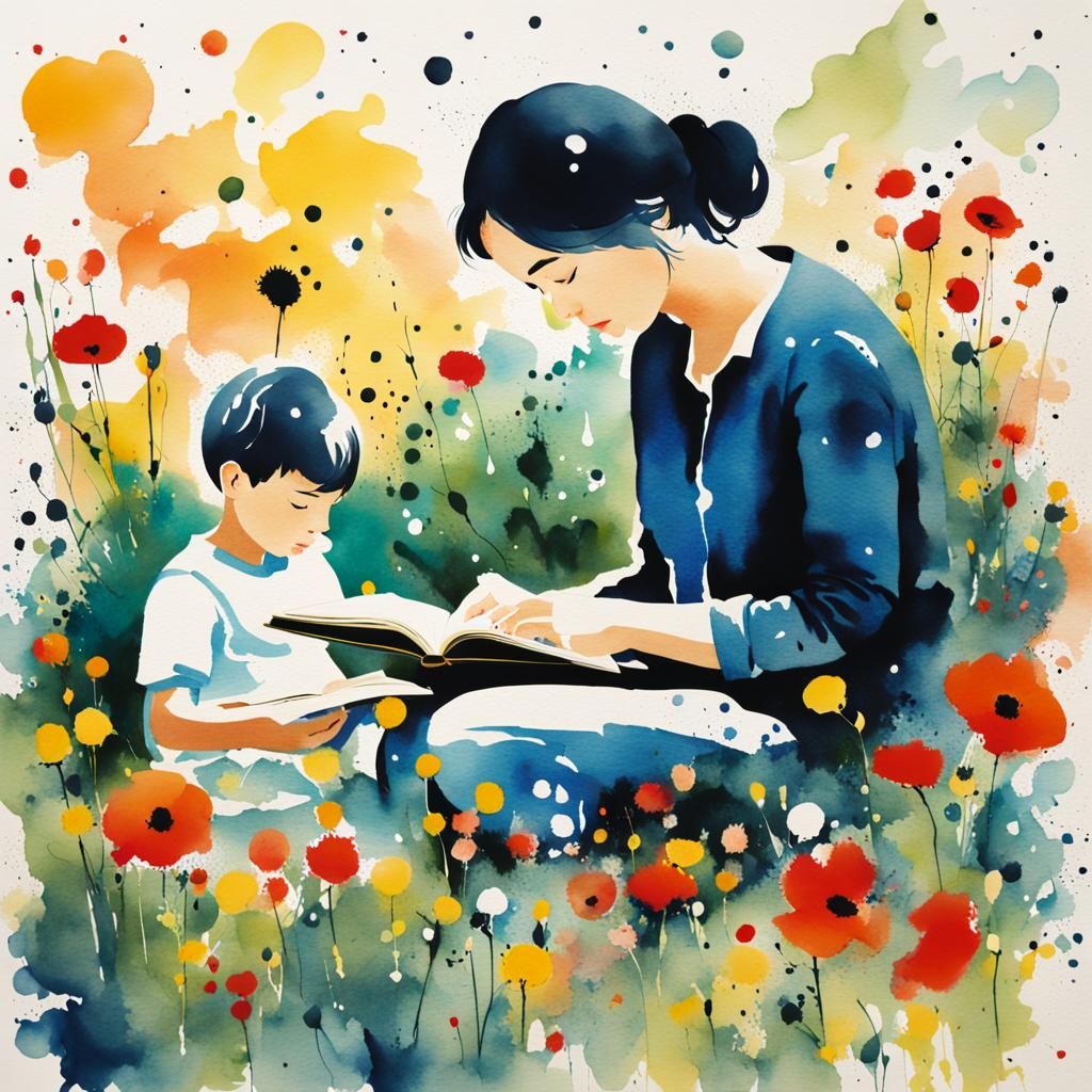 Mother and Son in Garden, Pollock-Style Watercolor