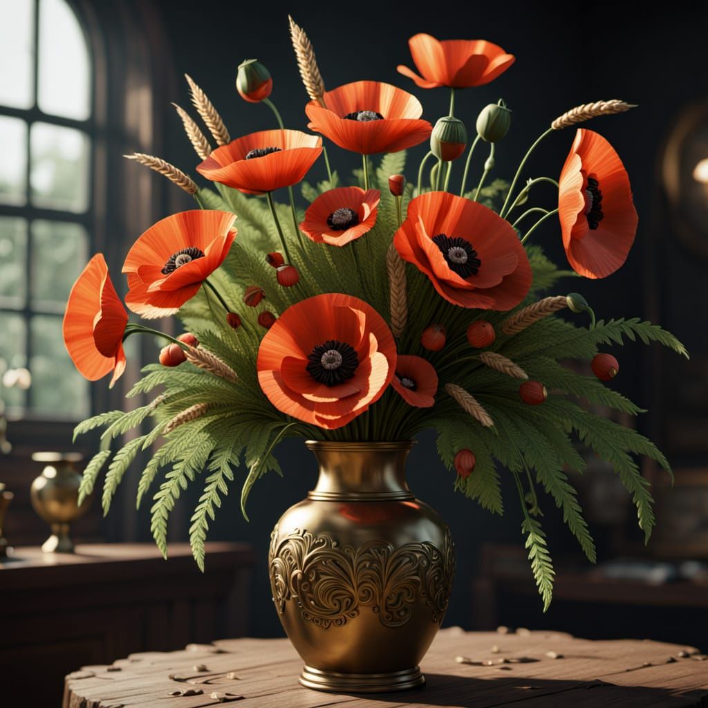 Brass Vase with Poppies and Ferns in Fine Art Photography