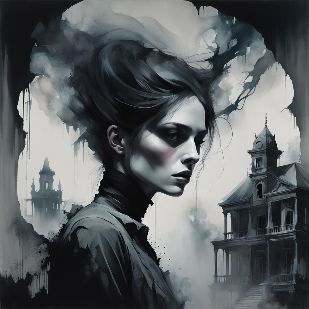 Ethereal Punk Girl in Haunted Mansion Painting