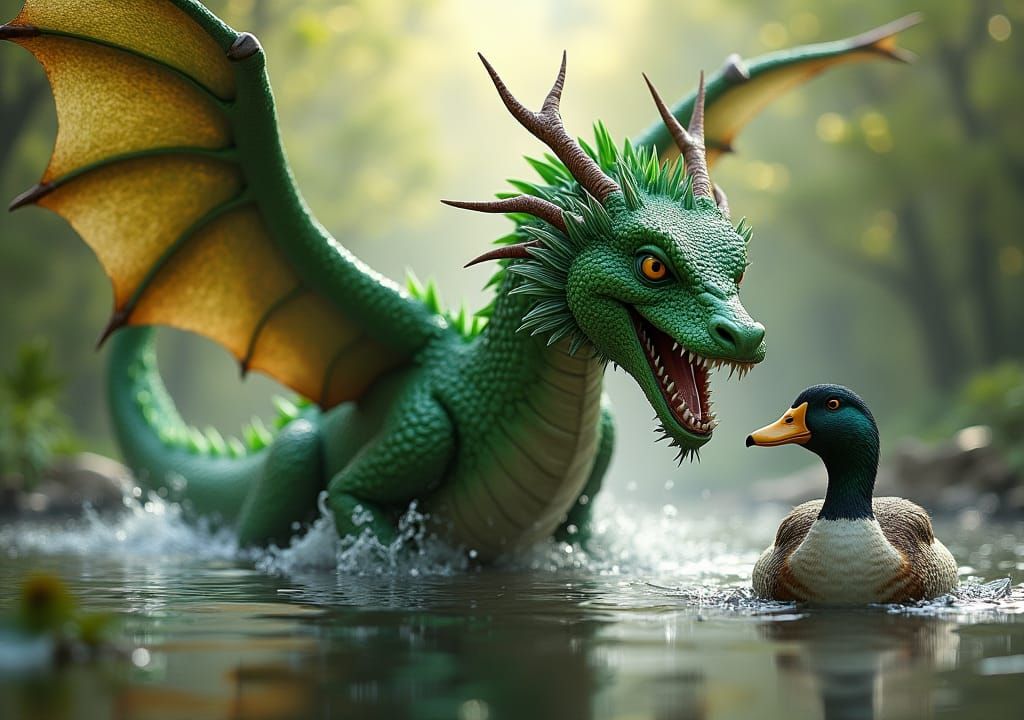 Green Dragon Chasing Duck: Hyperrealistic Digital Art