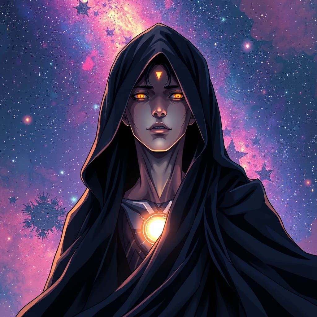 Cosmic Human in Manga Style with Galaxy Backdrop