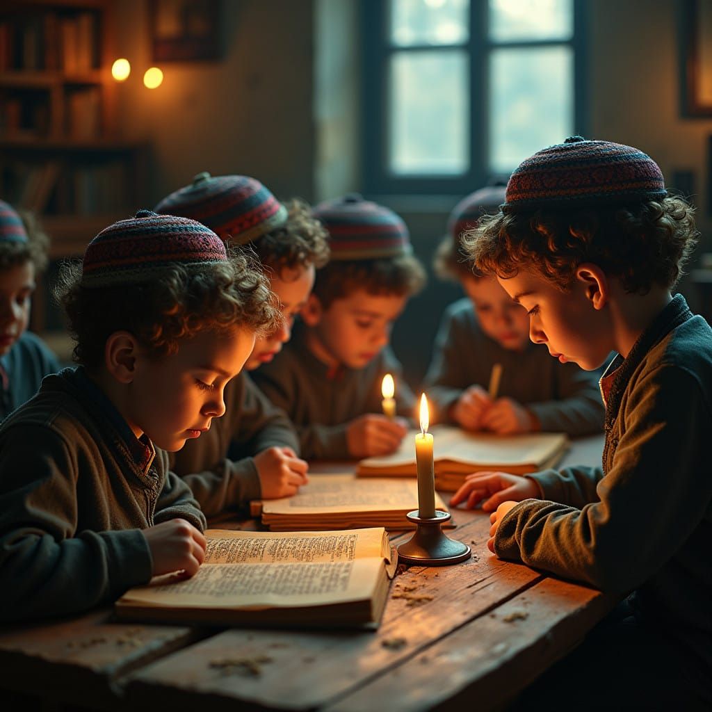 Vibrant Jewish Children Study Ancient Torah Texts in Whimsic...