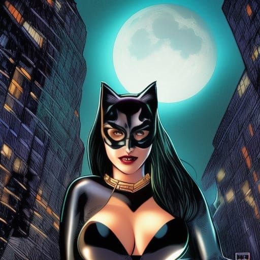 Catwoman Comic Book Art in the Moonlight