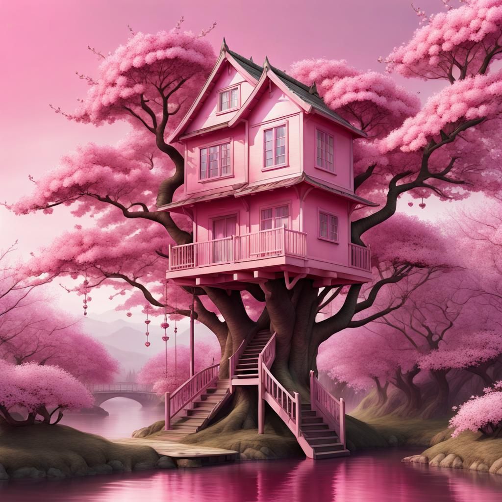 Pink Cherry Blossom Treehouse in Digital Art Style