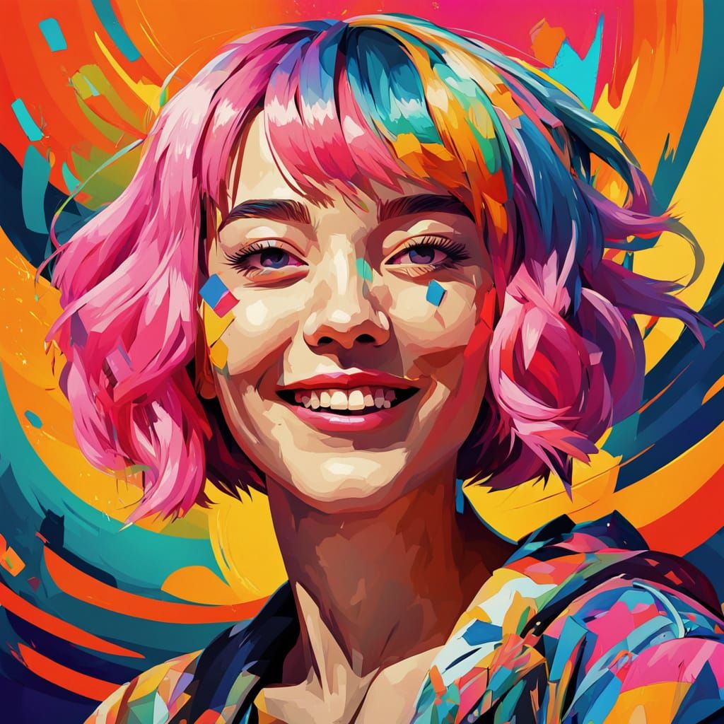 Vibrant Cubist Portrait of a Woman with Bright Pink Hair