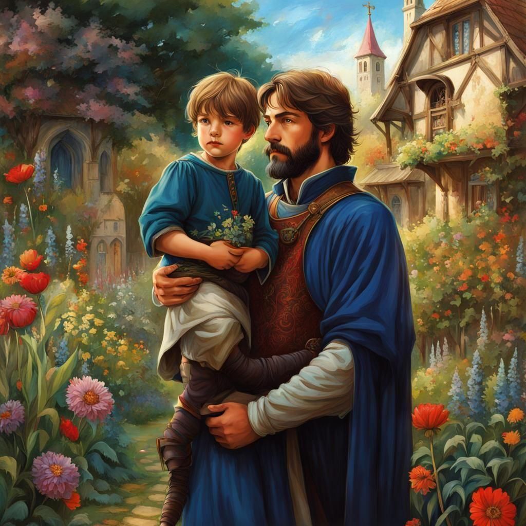 Father and Son in Whimsical Medieval Garden