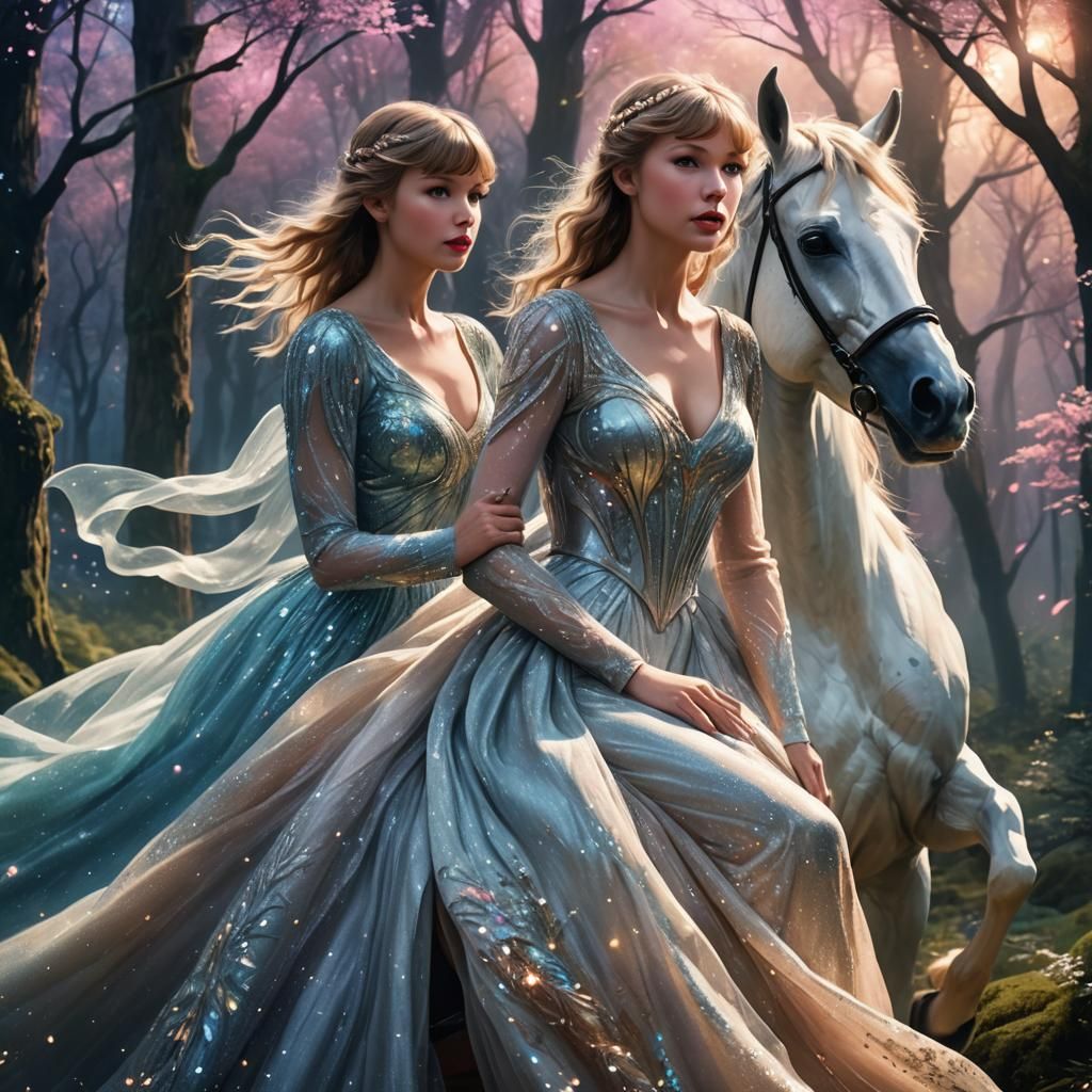Taylor Swift on a Glowing Horse in Moonlit Forest