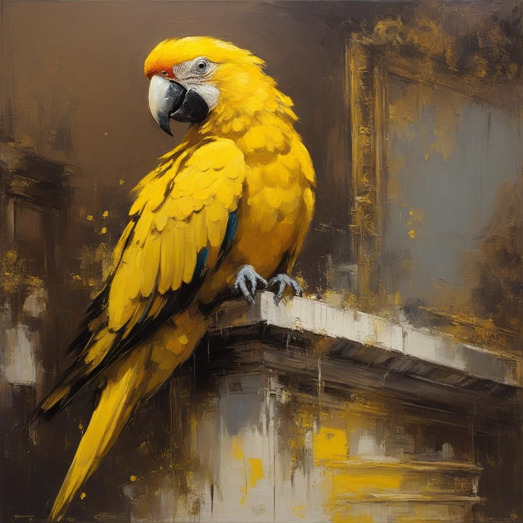 Parrot in Baroque Hall as Impasto Oil Painting