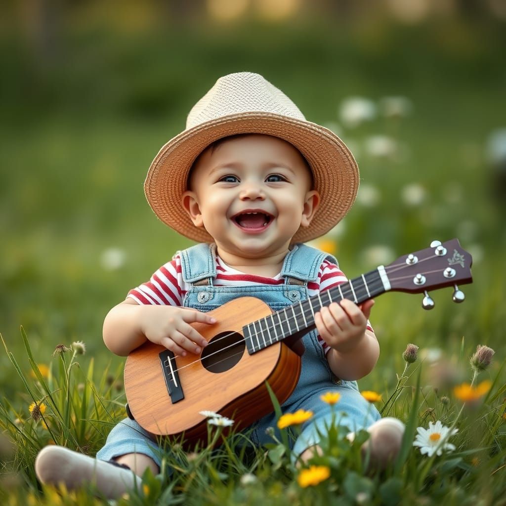 Happy Baby Playing Ukulele in Wildflower Field