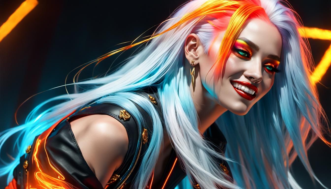 A beautiful woman with wild flying light colored hair